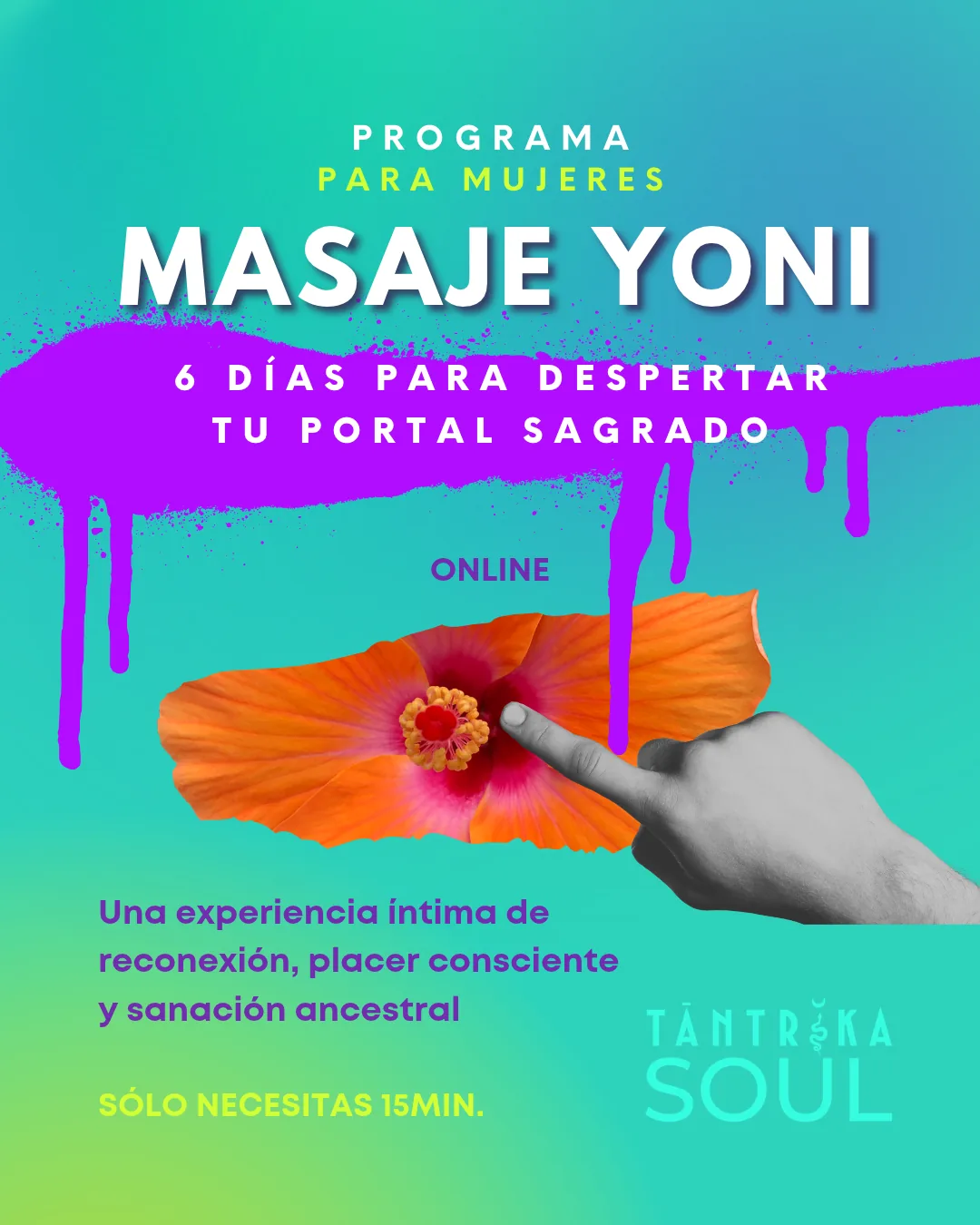 Portada del programa en línea Masaje Yoni para mujeres, con fondo turquesa, flor y mano.